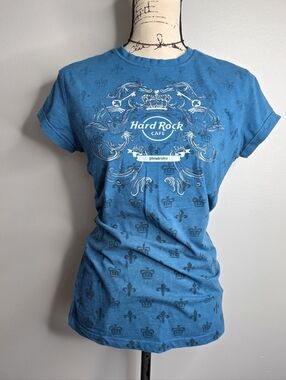 Y2k Hard Rock Couture Blue Graphic Tee - Crown & Guitar Design - Large